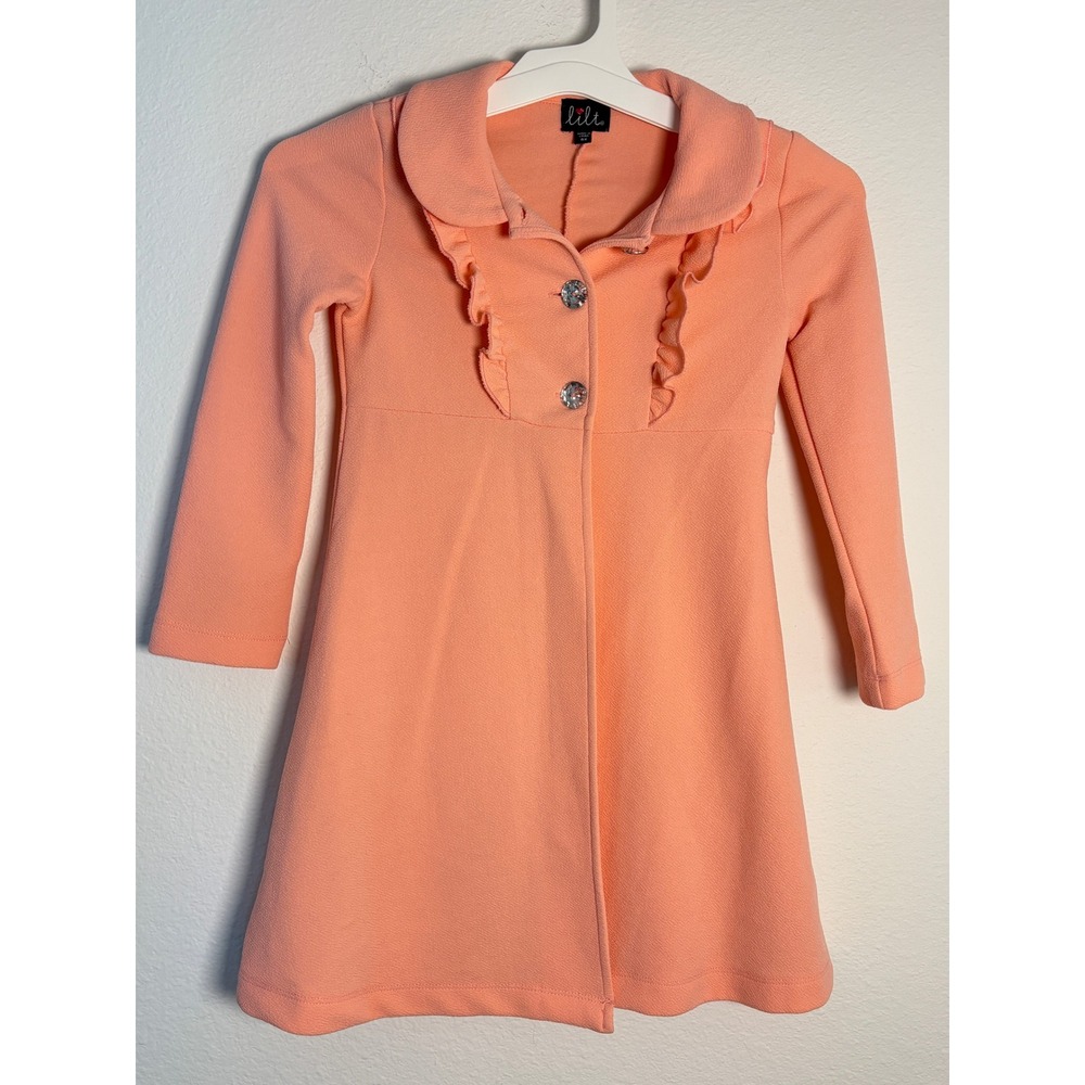 Lili Peach Ruffle‎ Front Peter Pan Collar Dress Crystal Buttons Girls Size 6/6X